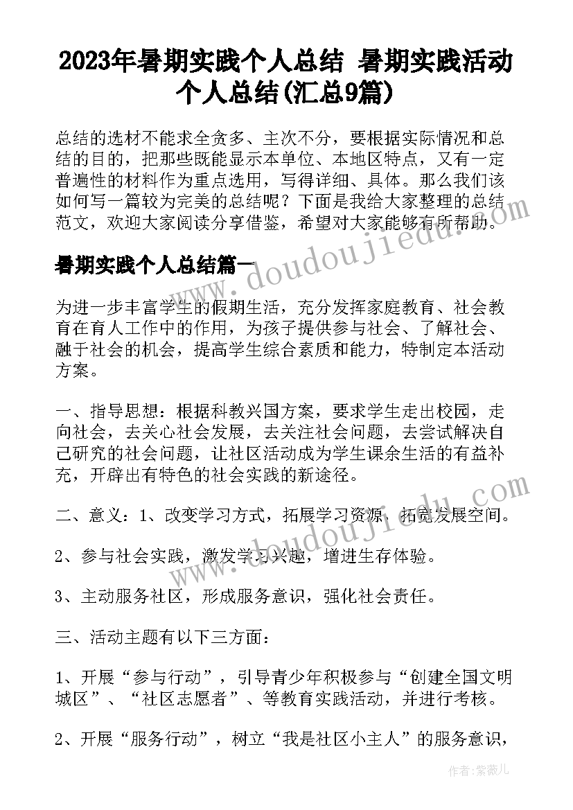 2023年暑期实践个人总结 暑期实践活动个人总结(汇总9篇)