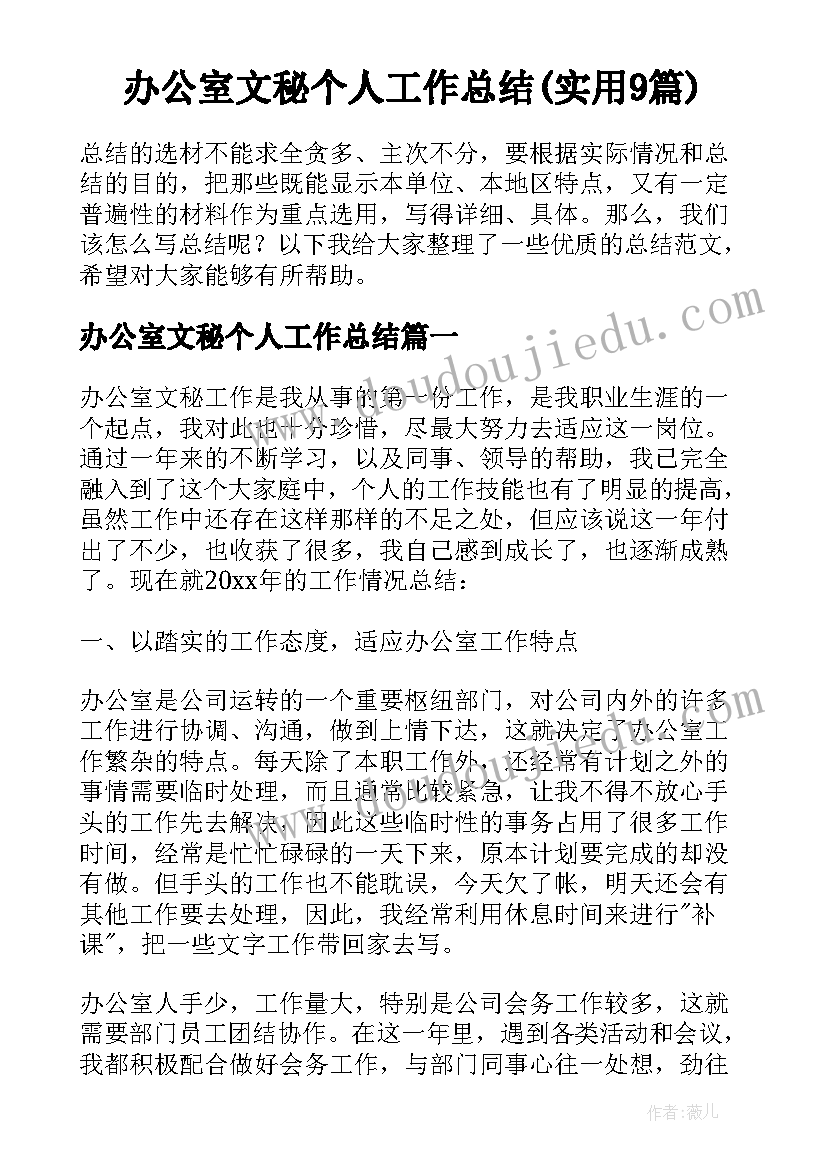 办公室文秘个人工作总结(实用9篇)