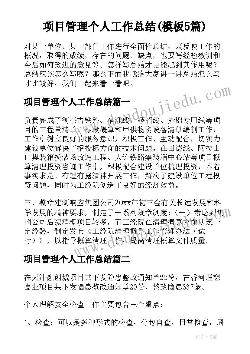 项目管理个人工作总结(模板5篇)