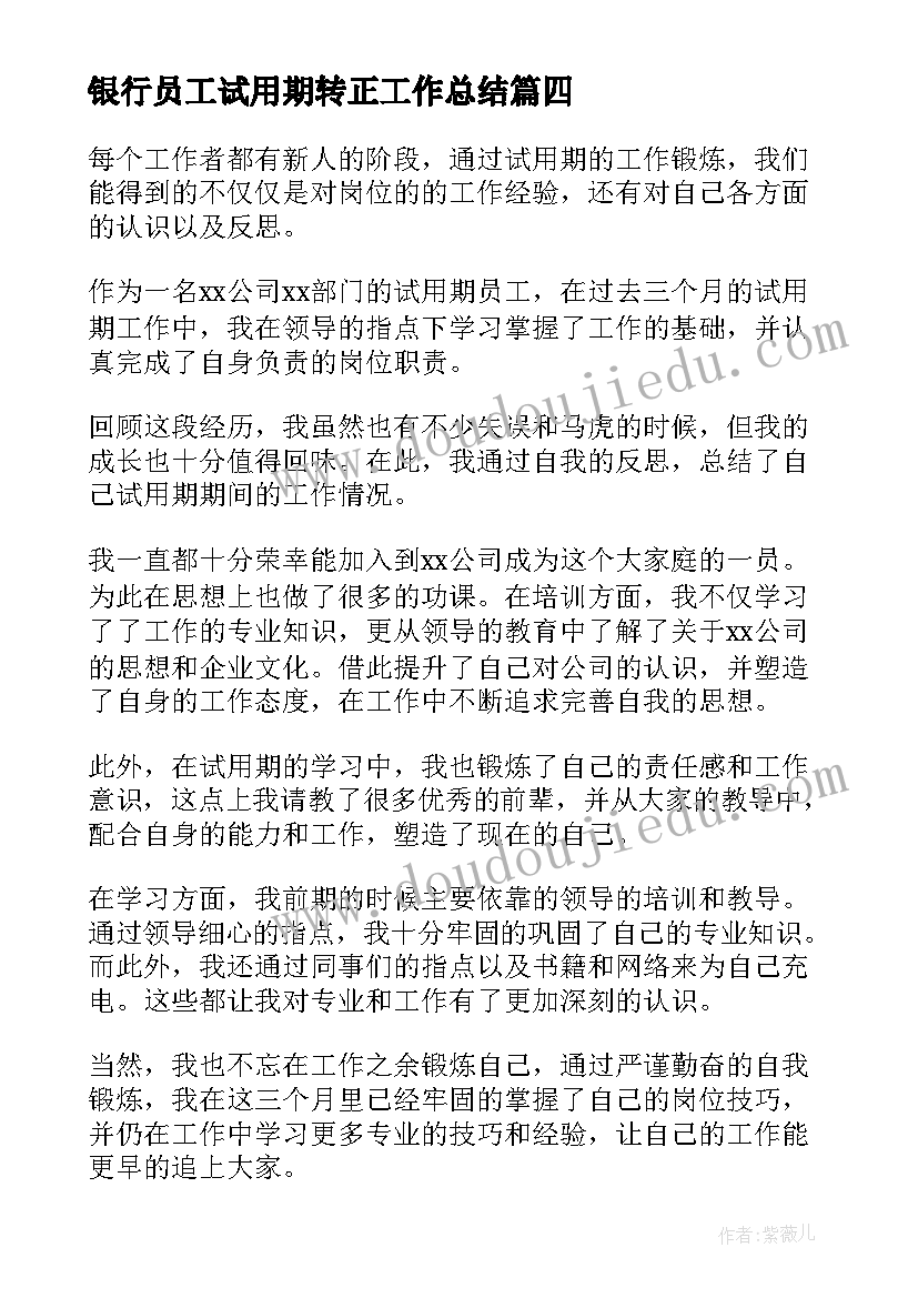 银行员工试用期转正工作总结 试用期员工个人工作总结系列(大全5篇)