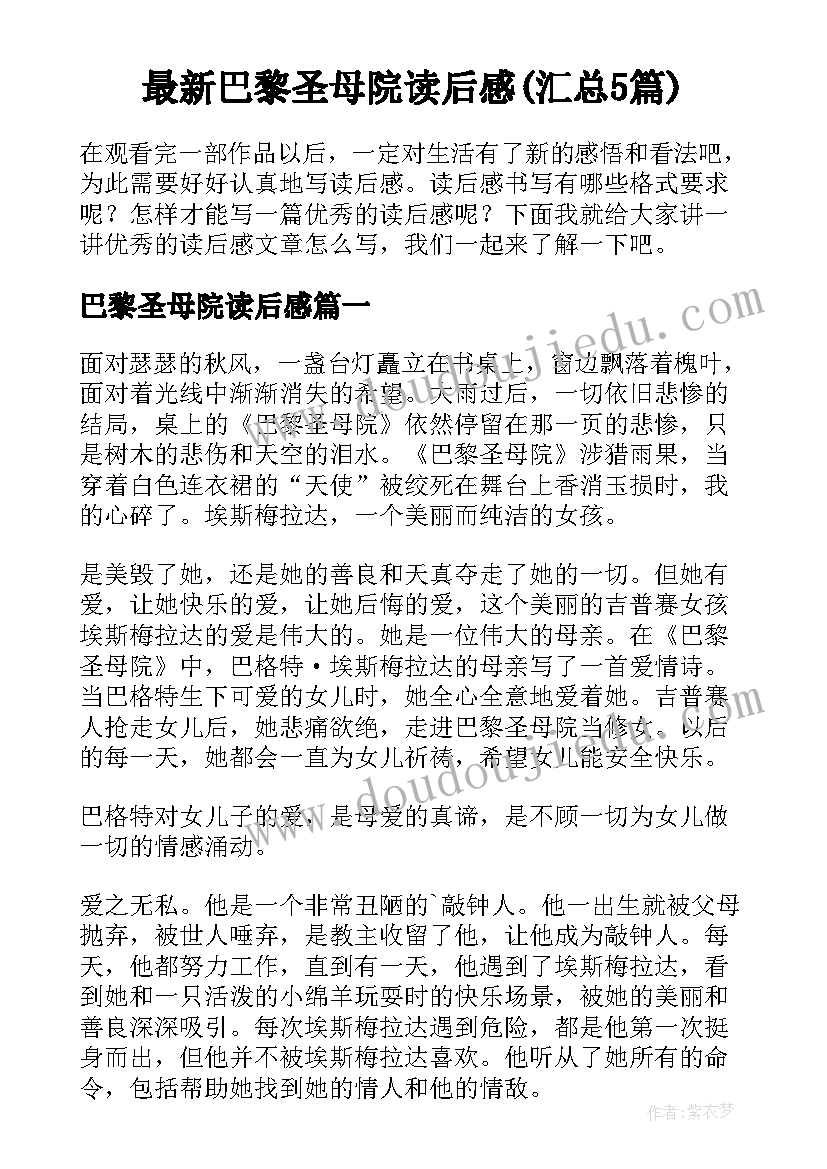 最新巴黎圣母院读后感(汇总5篇)