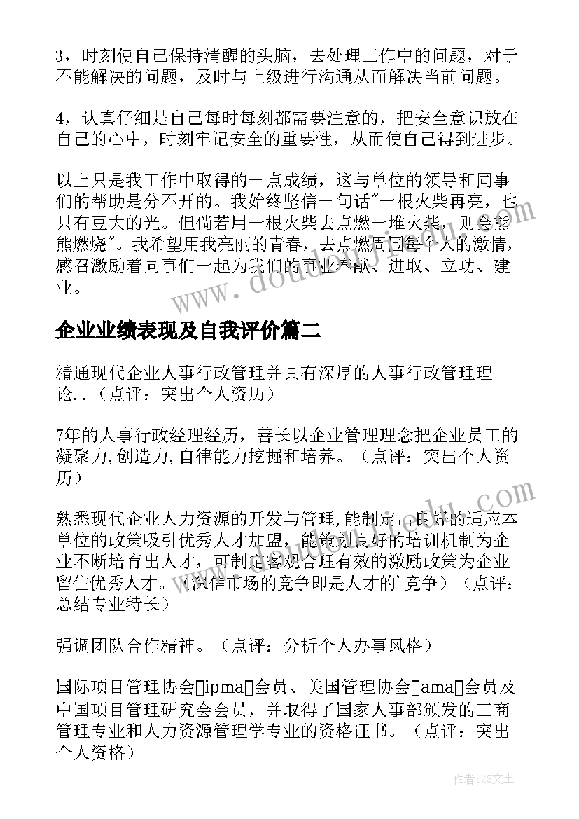 2023年企业业绩表现及自我评价(优秀5篇)