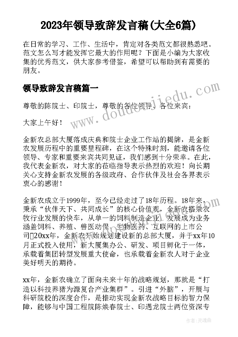 2023年领导致辞发言稿(大全6篇)