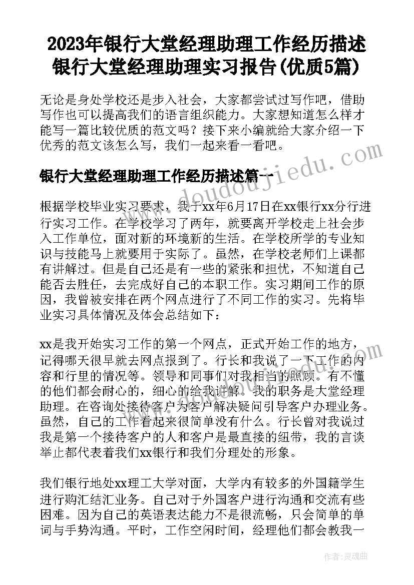 2023年银行大堂经理助理工作经历描述 银行大堂经理助理实习报告(优质5篇)