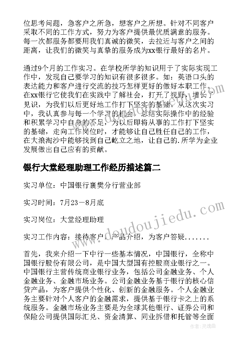 2023年银行大堂经理助理工作经历描述 银行大堂经理助理实习报告(优质5篇)