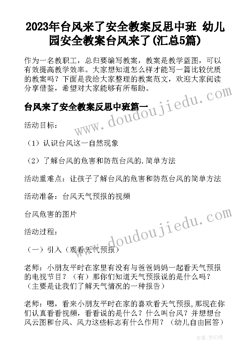 2023年台风来了安全教案反思中班 幼儿园安全教案台风来了(汇总5篇)