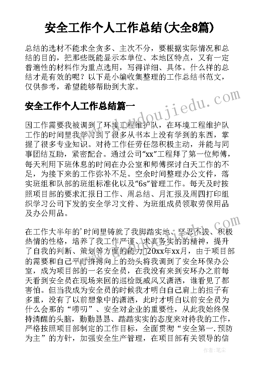 安全工作个人工作总结(大全8篇)