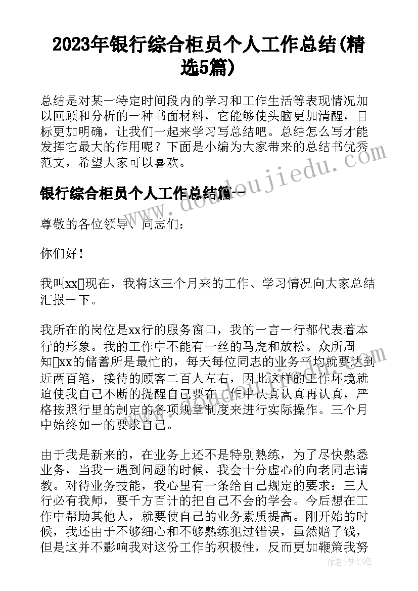 2023年银行综合柜员个人工作总结(精选5篇)