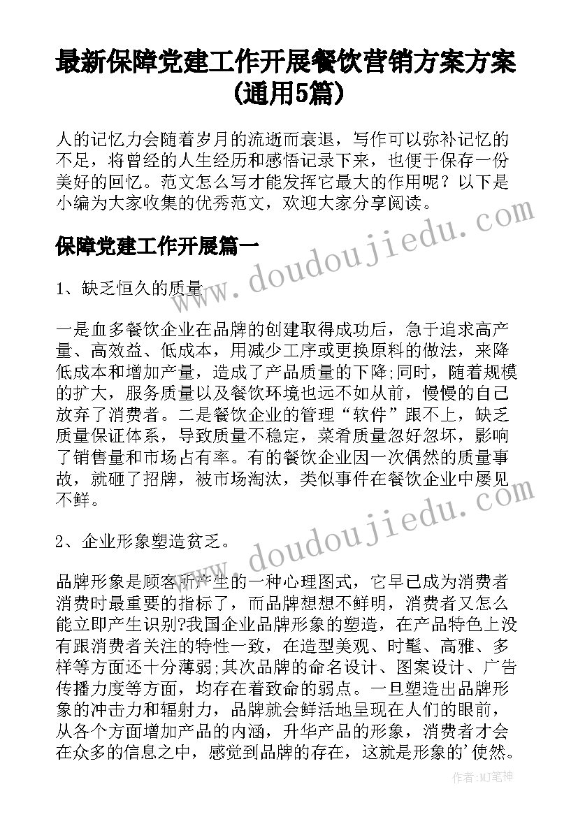 最新保障党建工作开展 餐饮营销方案方案(通用5篇)