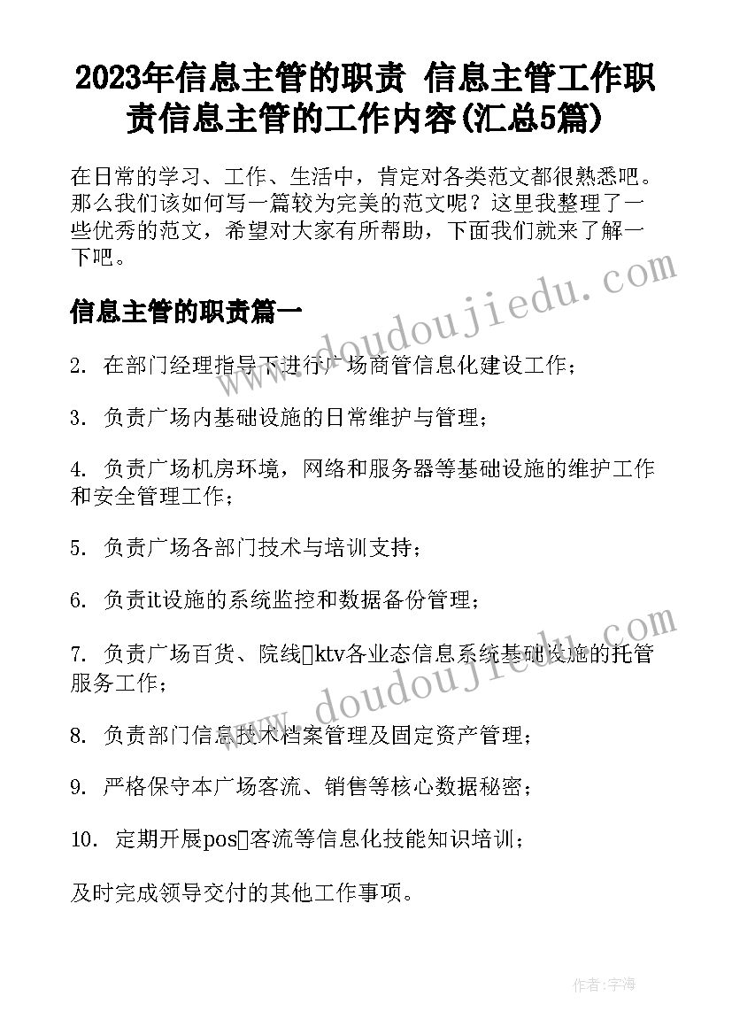 2023年信息主管的职责 信息主管工作职责信息主管的工作内容(汇总5篇)