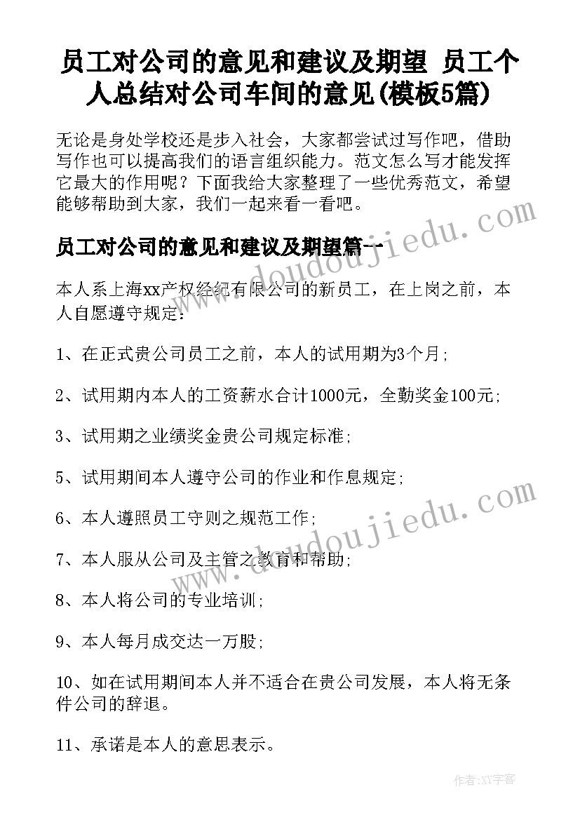 员工对公司的意见和建议及期望 员工个人总结对公司车间的意见(模板5篇)