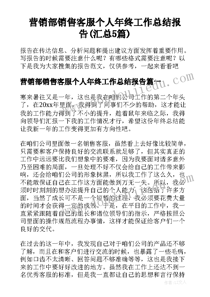 营销部销售客服个人年终工作总结报告(汇总5篇)