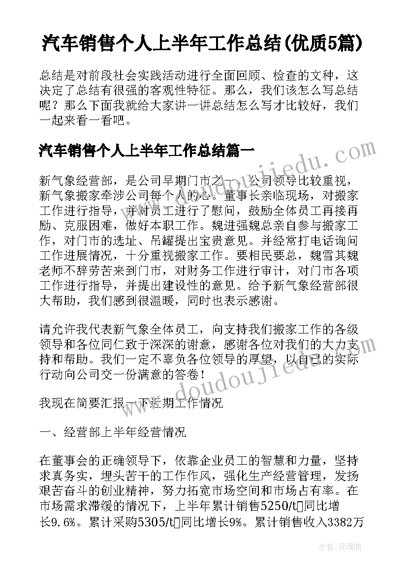 汽车销售个人上半年工作总结(优质5篇)