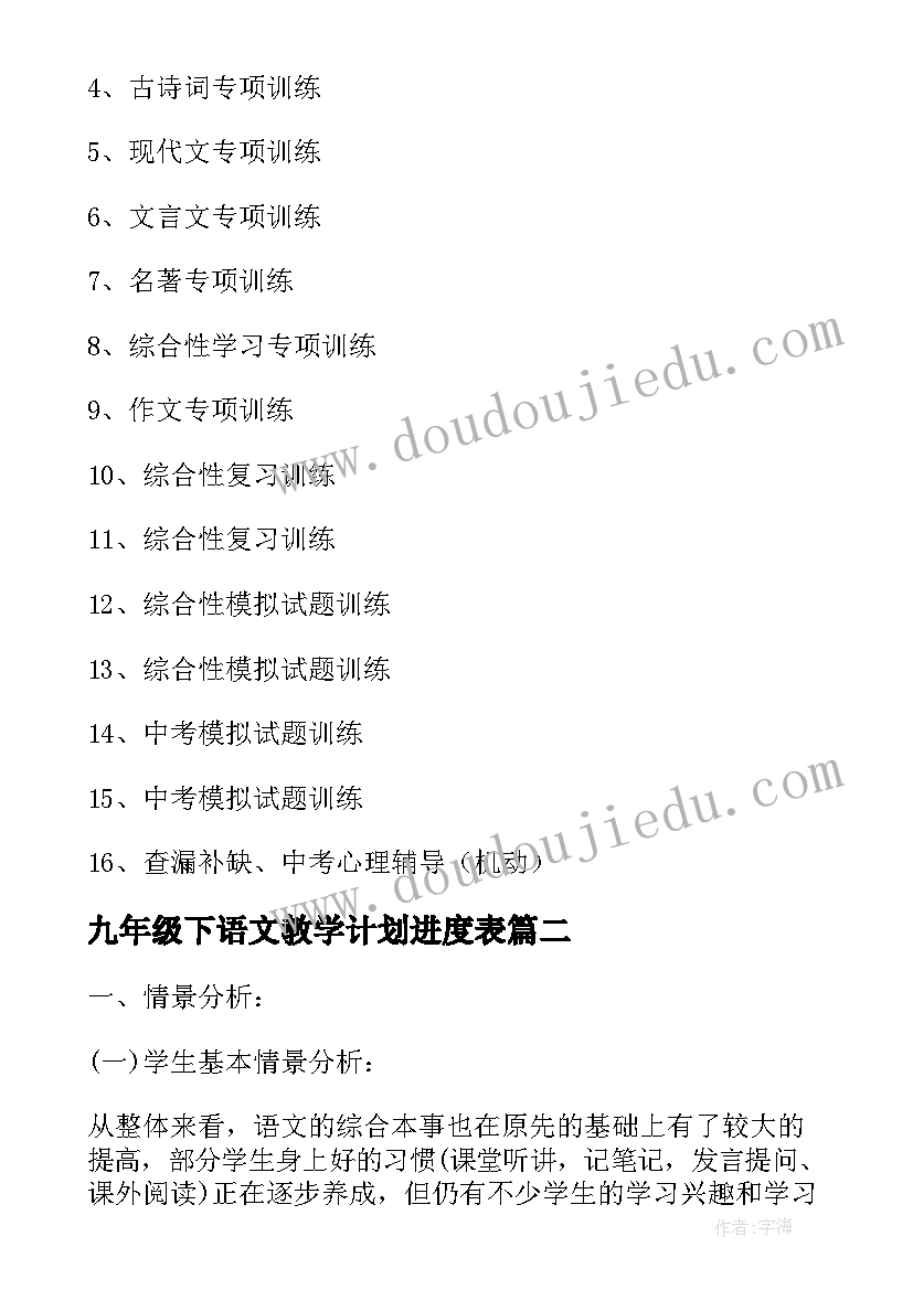 九年级下语文教学计划进度表 九年级语文教学计划(汇总6篇)