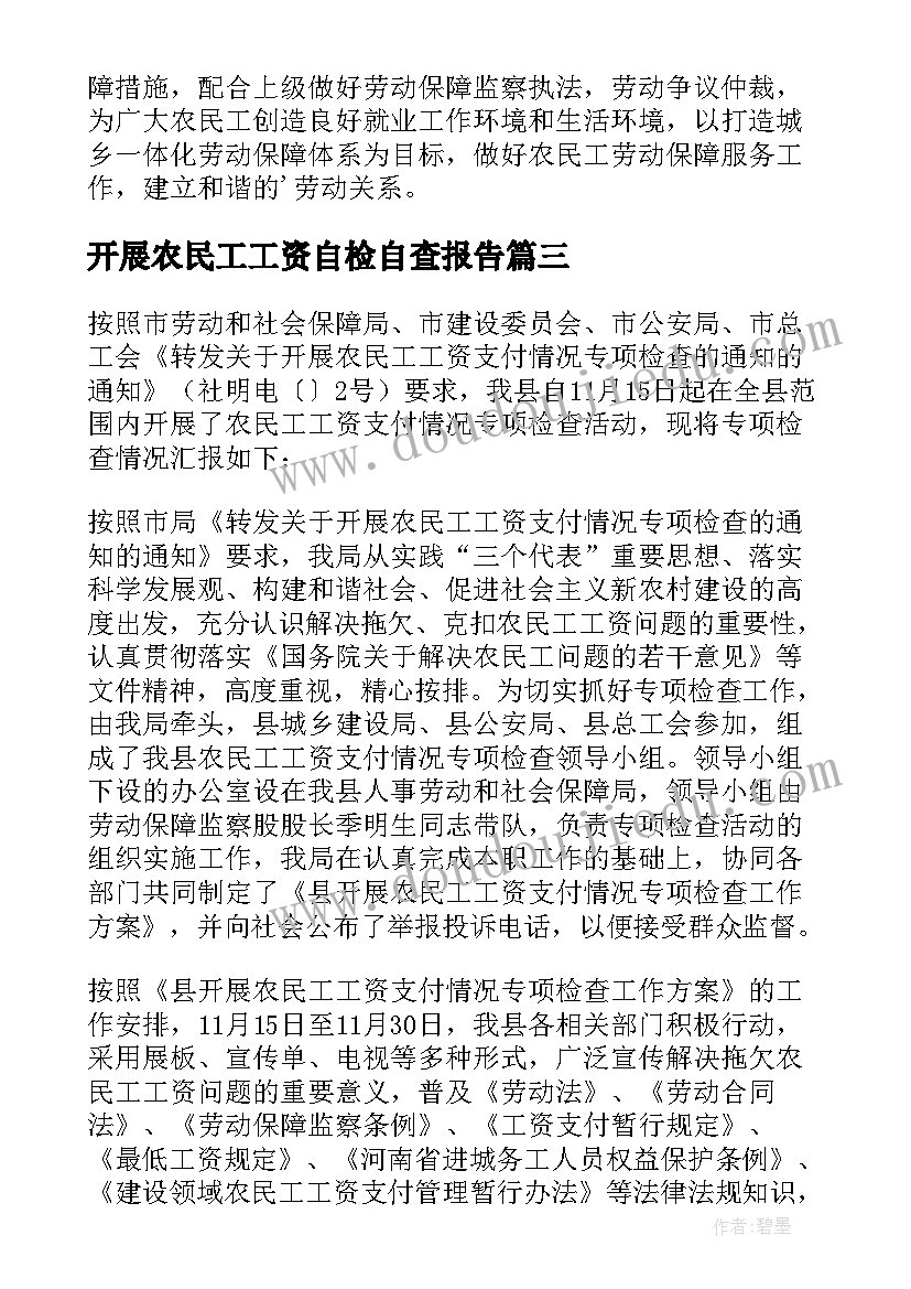 最新开展农民工工资自检自查报告(大全7篇)