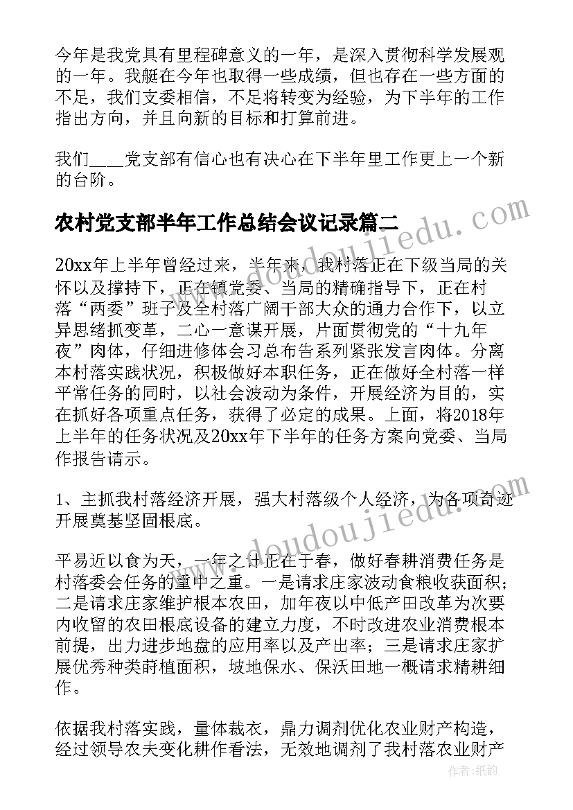 最新农村党支部半年工作总结会议记录(实用5篇)