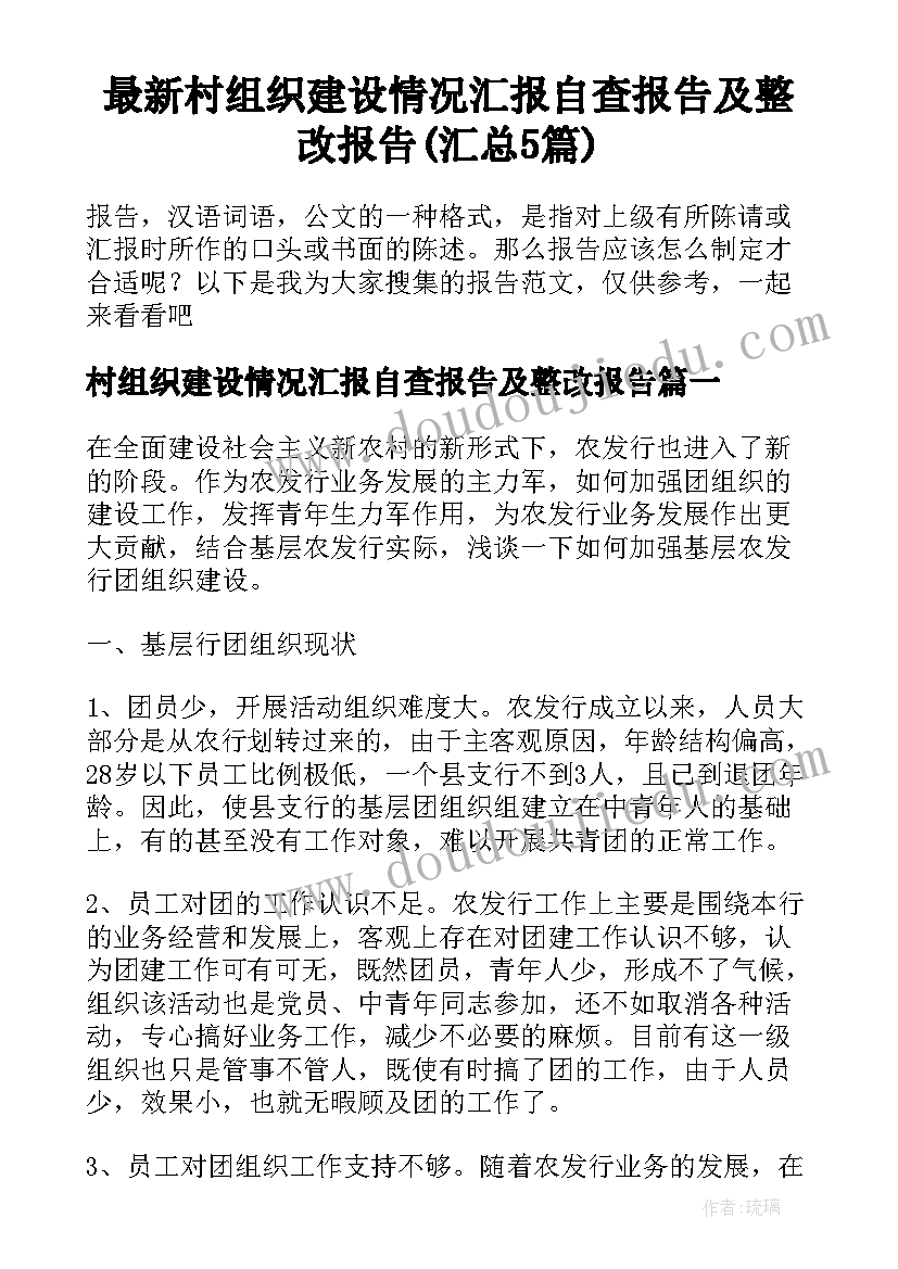 最新村组织建设情况汇报自查报告及整改报告(汇总5篇)