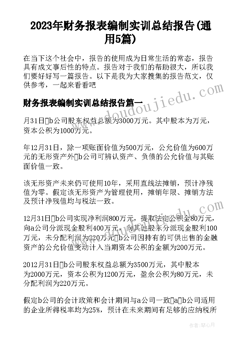 2023年财务报表编制实训总结报告(通用5篇)