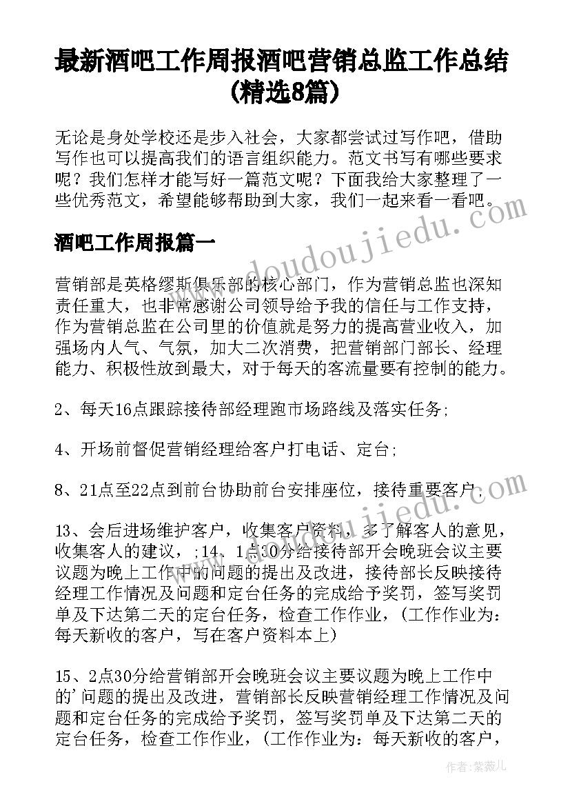 最新酒吧工作周报 酒吧营销总监工作总结(精选8篇)