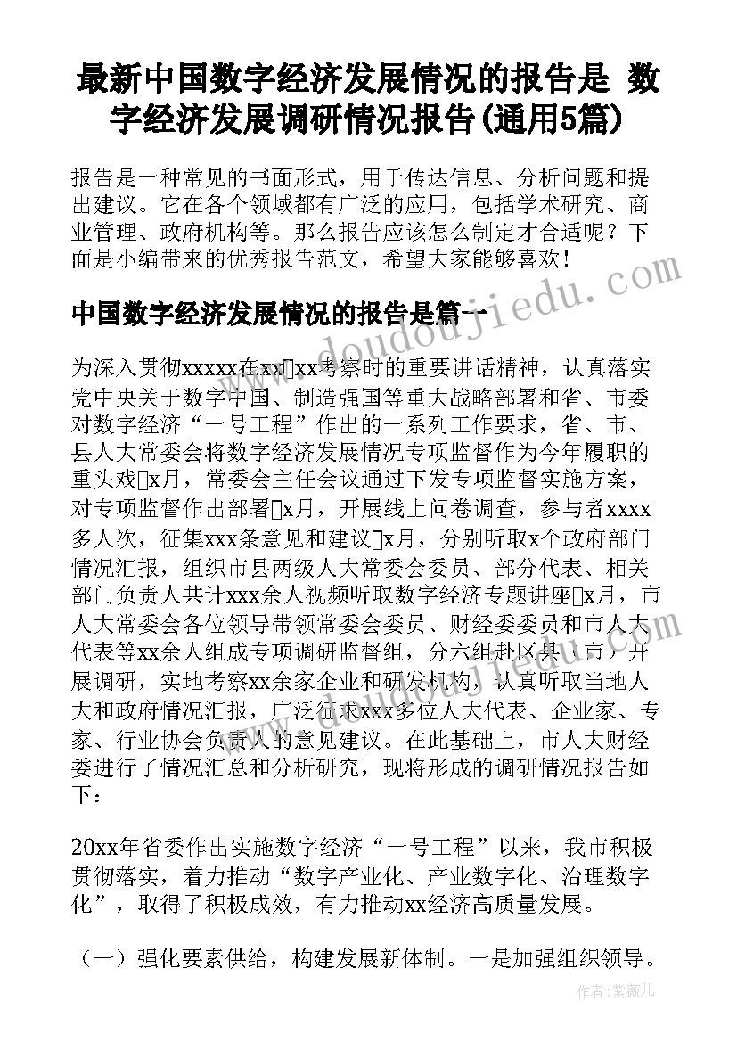 最新中国数字经济发展情况的报告是 数字经济发展调研情况报告(通用5篇)