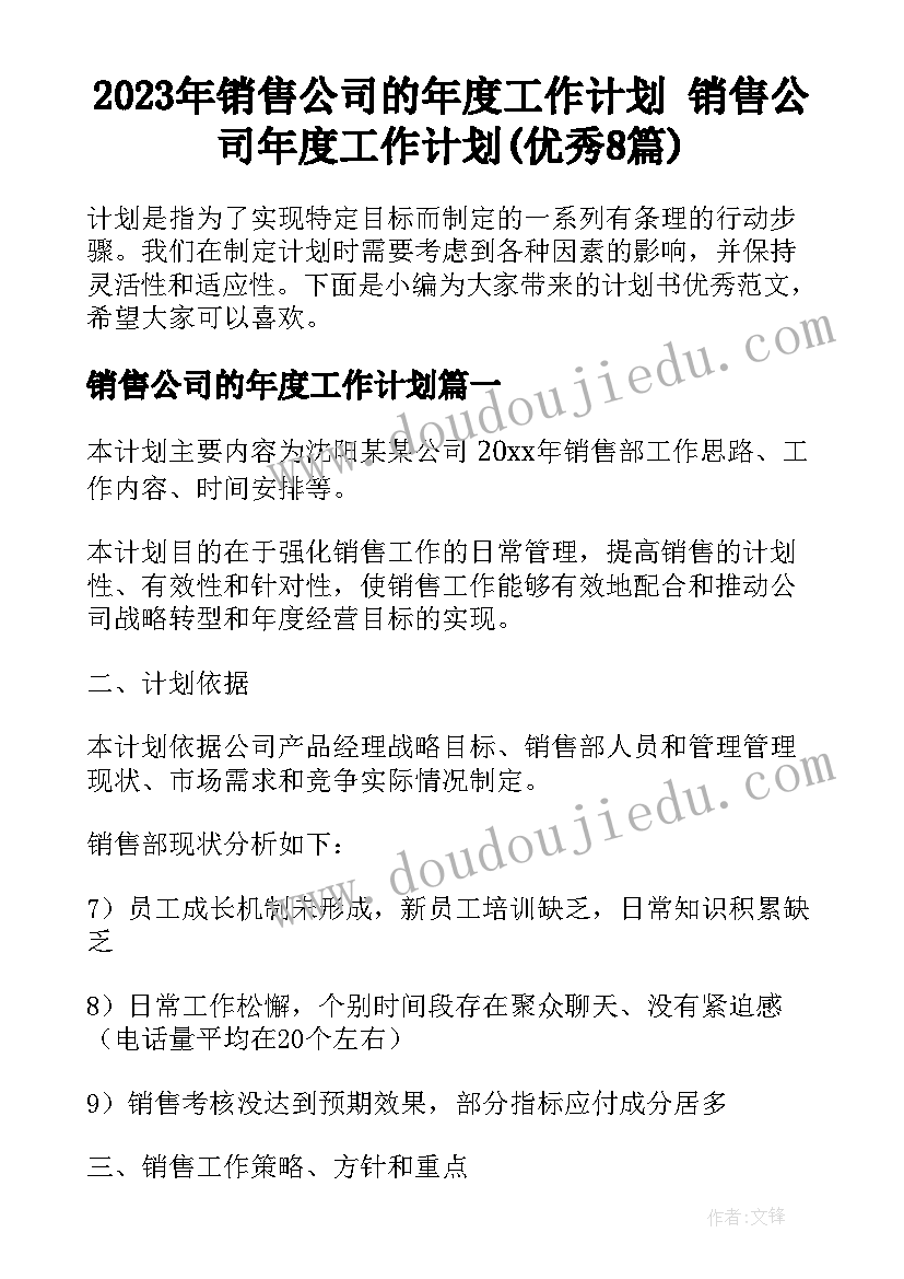 2023年销售公司的年度工作计划 销售公司年度工作计划(优秀8篇)