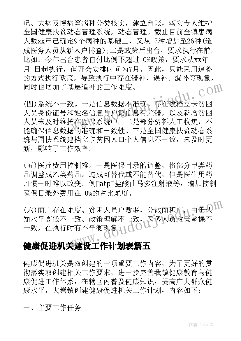 2023年健康促进机关建设工作计划表 乡镇机关健康促进工作计划必备(大全5篇)