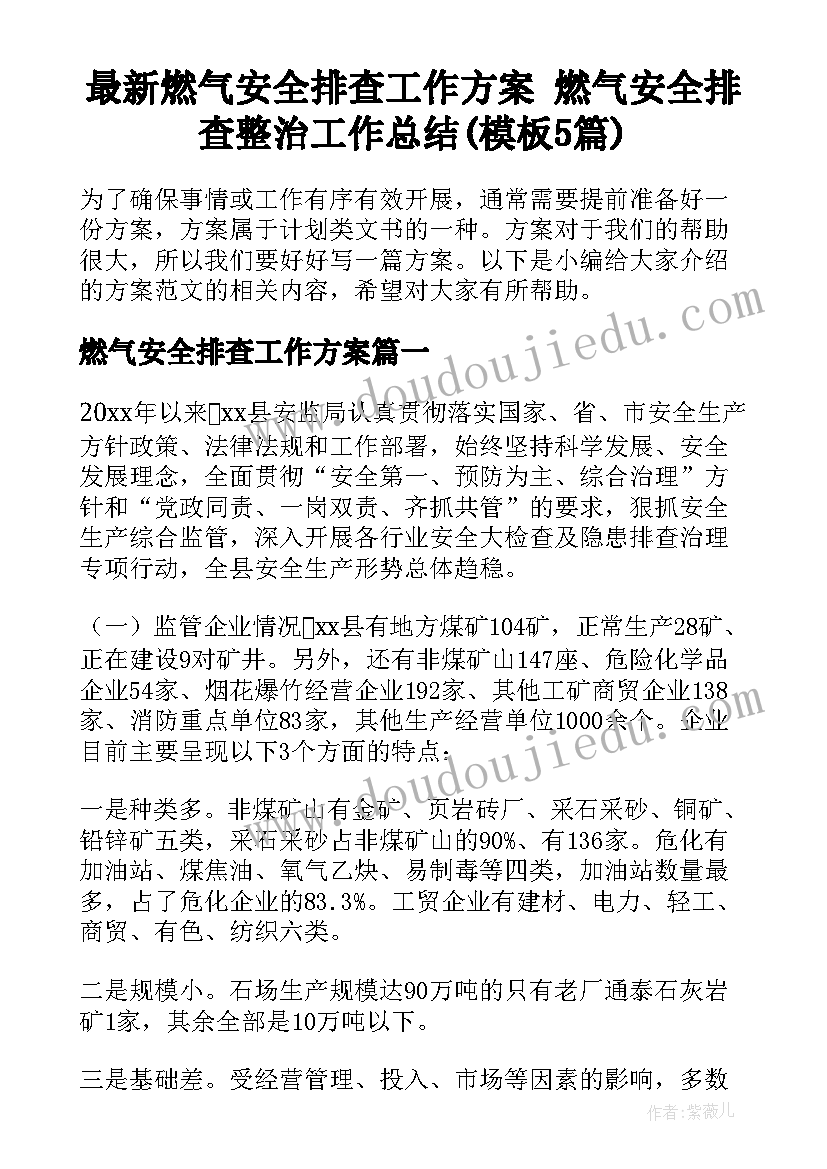 最新燃气安全排查工作方案 燃气安全排查整治工作总结(模板5篇)