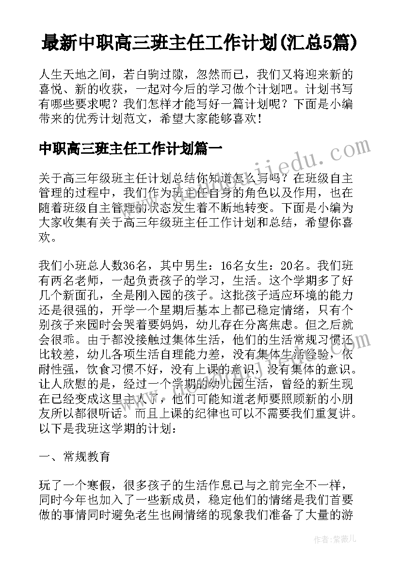 最新中职高三班主任工作计划(汇总5篇)