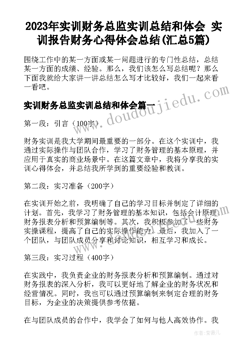 2023年实训财务总监实训总结和体会 实训报告财务心得体会总结(汇总5篇)