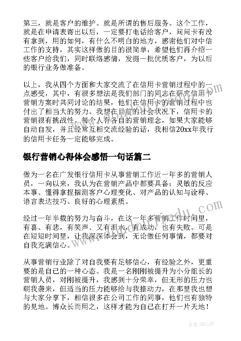 2023年银行营销心得体会感悟一句话(精选5篇)