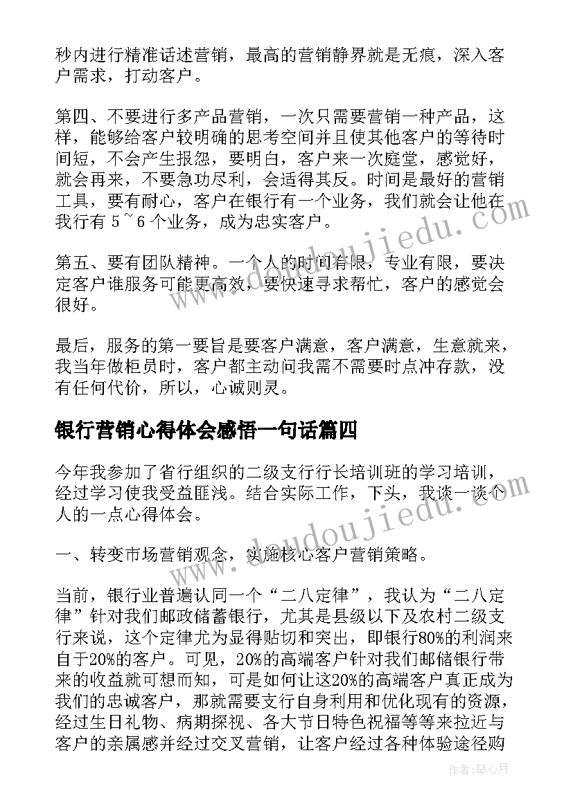 2023年银行营销心得体会感悟一句话(精选5篇)