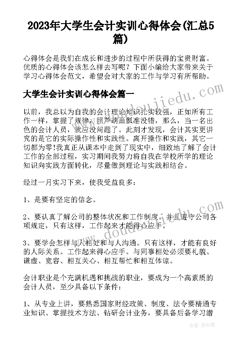 2023年大学生会计实训心得体会(汇总5篇)