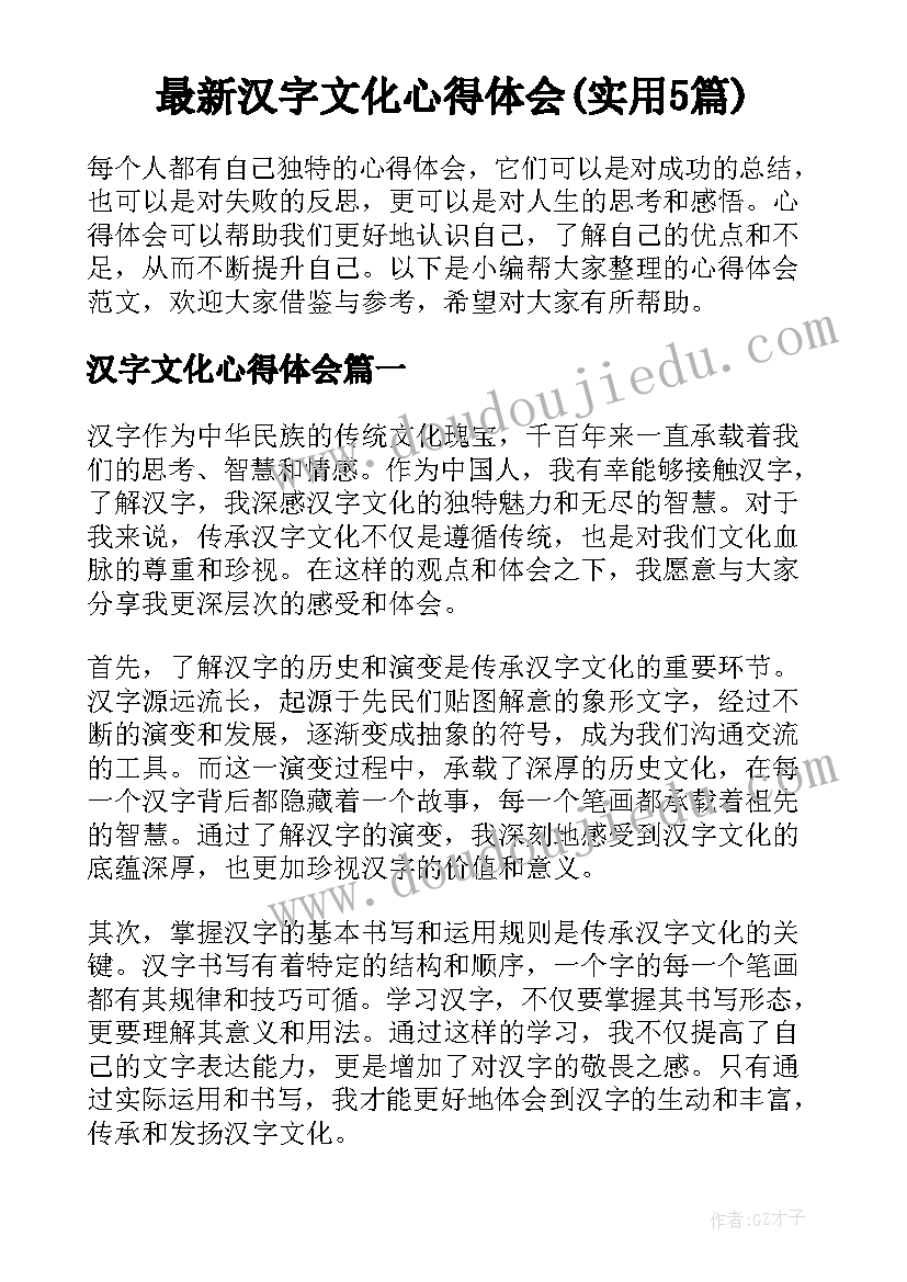 最新汉字文化心得体会(实用5篇)