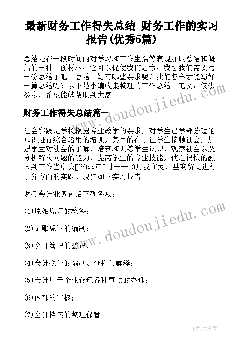 最新财务工作得失总结 财务工作的实习报告(优秀5篇)