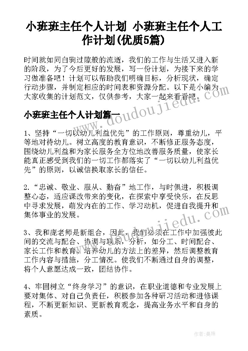 小班班主任个人计划 小班班主任个人工作计划(优质5篇)