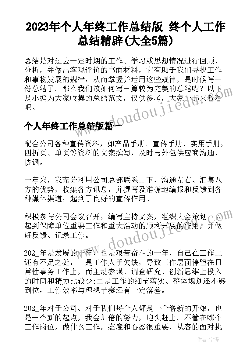 2023年个人年终工作总结版 终个人工作总结精辟(大全5篇)