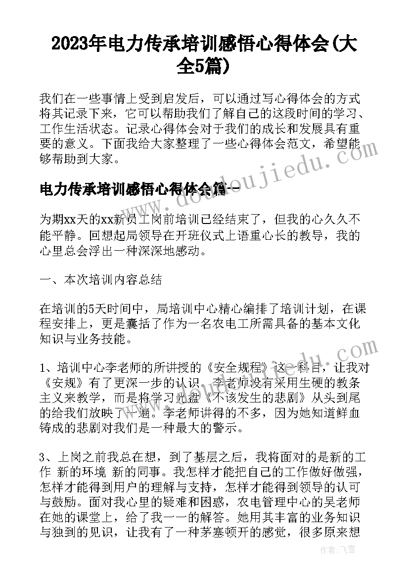 2023年电力传承培训感悟心得体会(大全5篇)