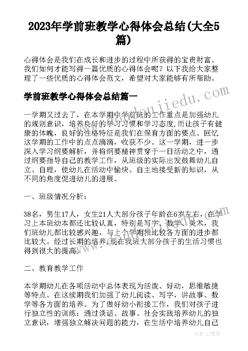 2023年学前班教学心得体会总结(大全5篇)