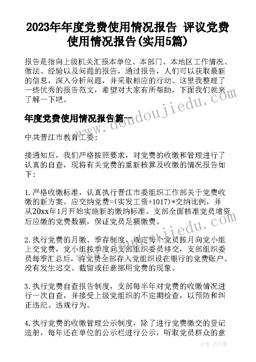 2023年年度党费使用情况报告 评议党费使用情况报告(实用5篇)