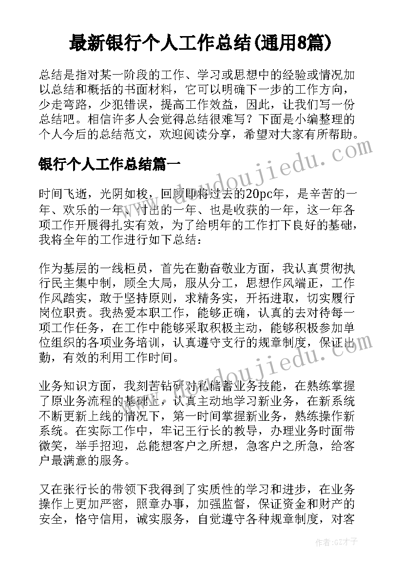 最新银行个人工作总结(通用8篇)