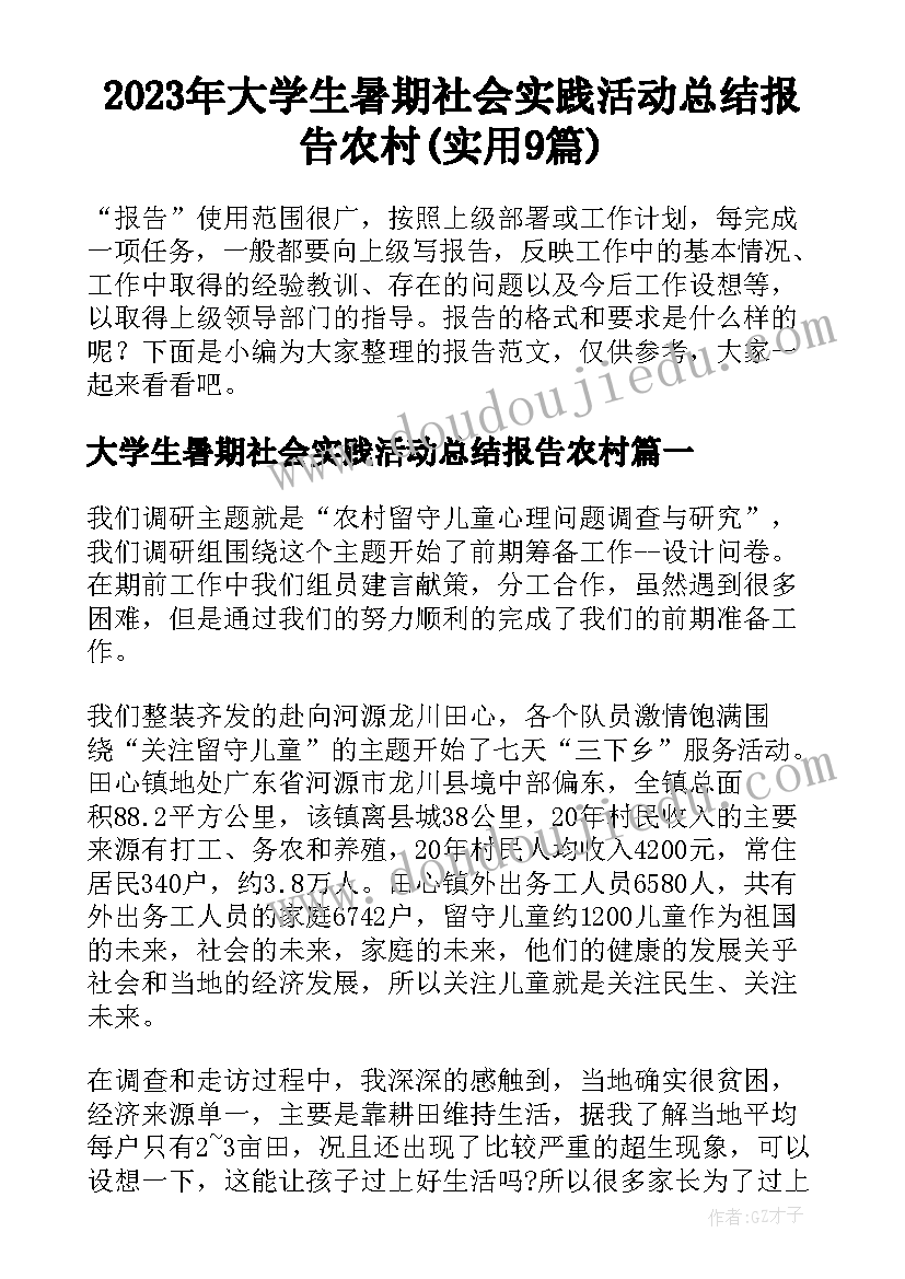 2023年大学生暑期社会实践活动总结报告农村(实用9篇)