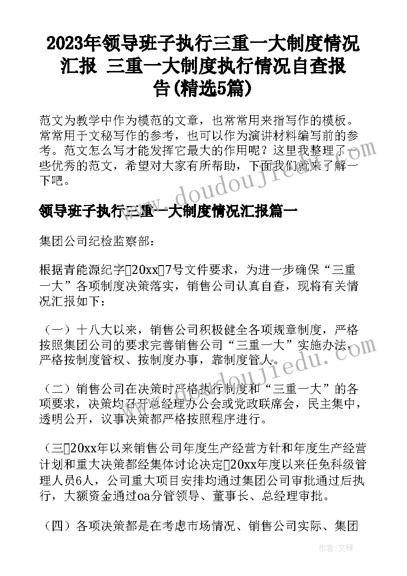 2023年领导班子执行三重一大制度情况汇报 三重一大制度执行情况自查报告(精选5篇)