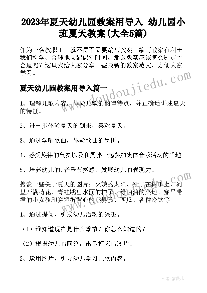 2023年夏天幼儿园教案用导入 幼儿园小班夏天教案(大全5篇)