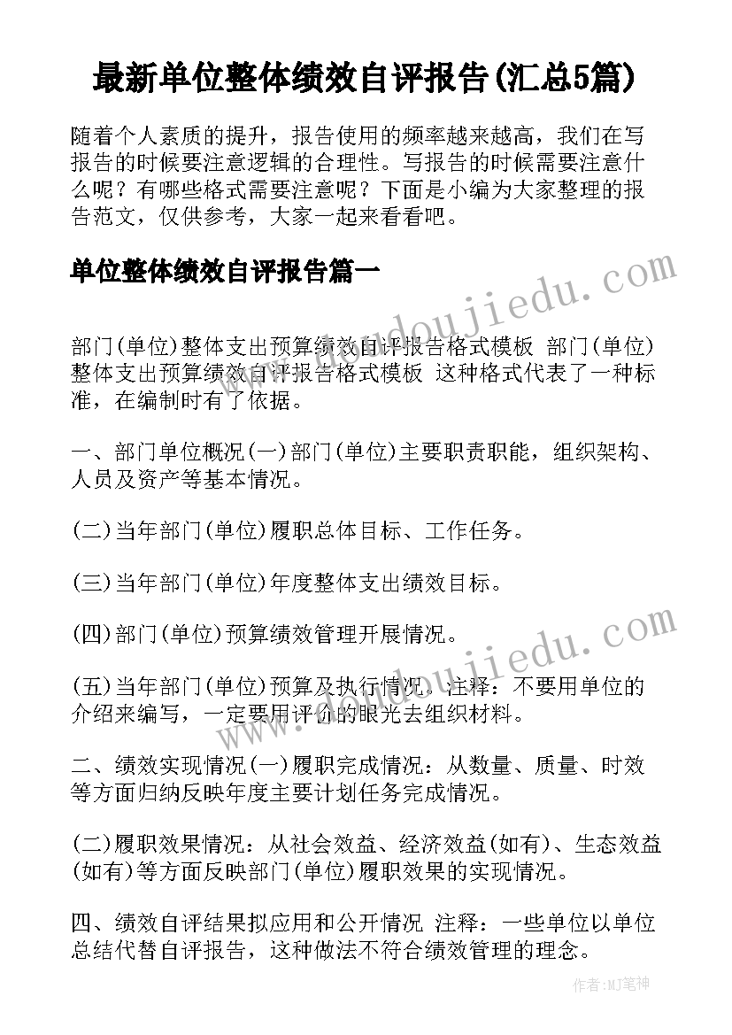 最新单位整体绩效自评报告(汇总5篇)