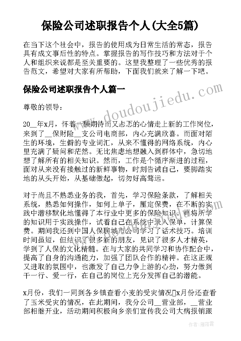 保险公司述职报告个人(大全5篇)