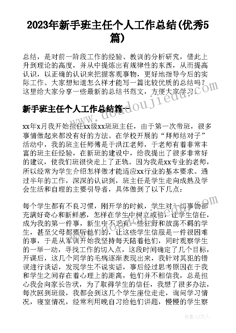 2023年新手班主任个人工作总结(优秀5篇)