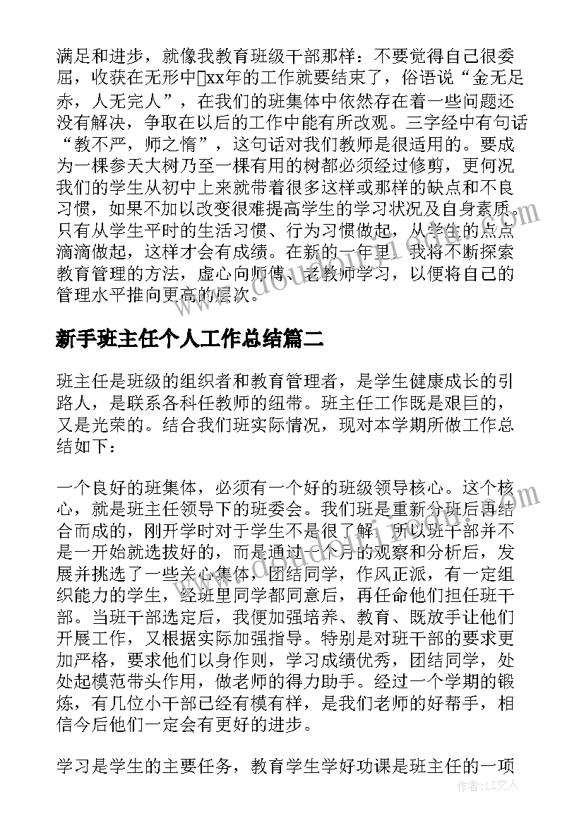 2023年新手班主任个人工作总结(优秀5篇)