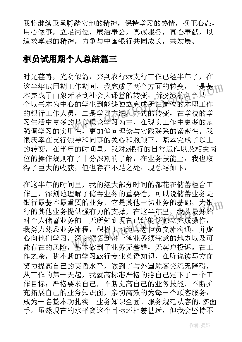 2023年柜员试用期个人总结(实用8篇)