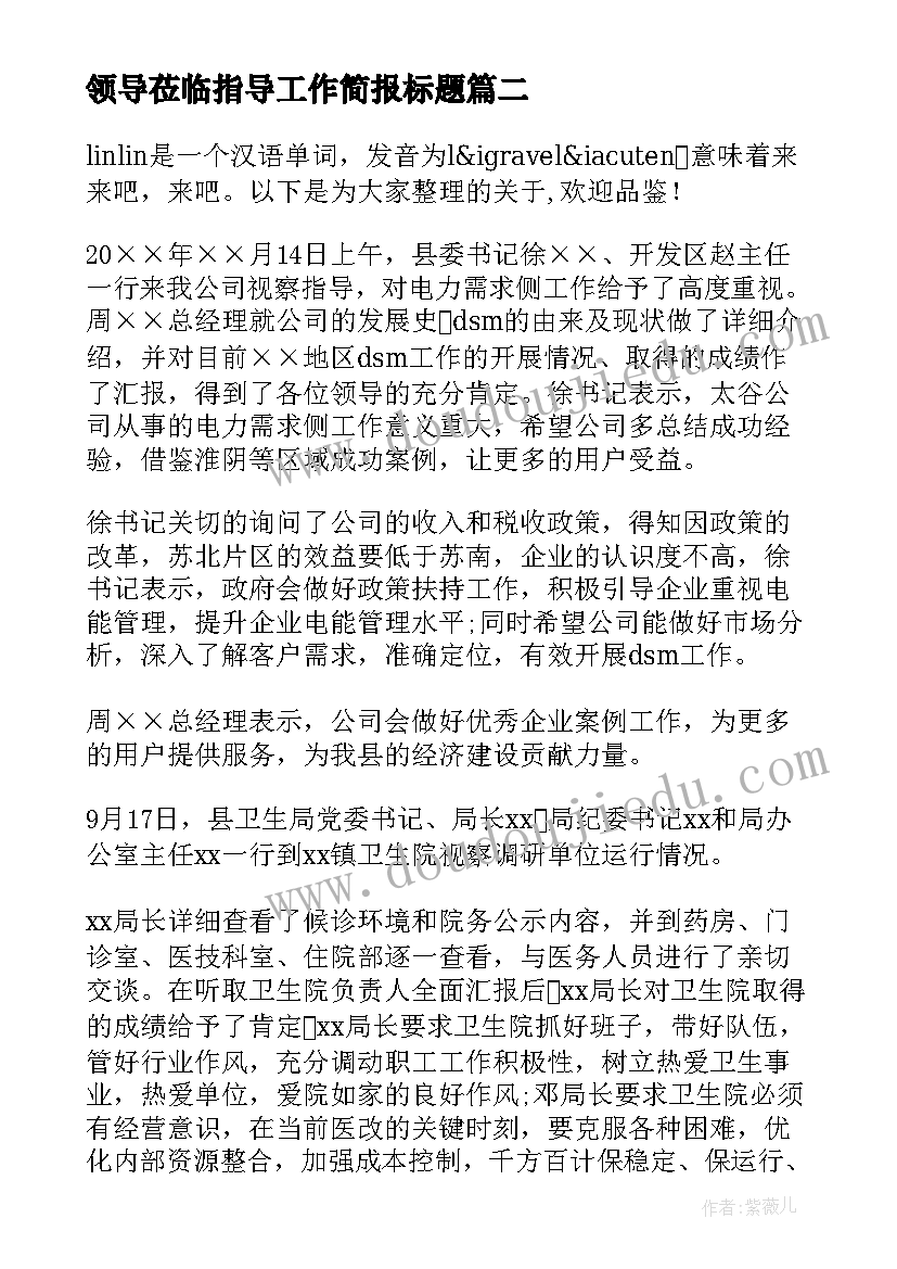 2023年领导莅临指导工作简报标题(模板5篇)