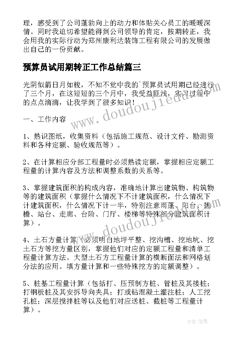 预算员试用期转正工作总结(大全5篇)